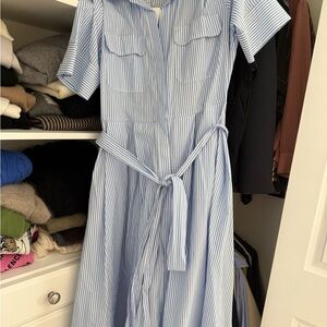 Zara cotton light  Blue/ White  Striped Shirt Dress with Tie Waist Sz XL NWT